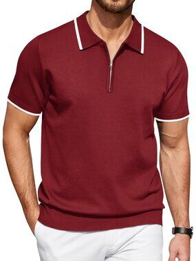 Men's Wine Red Zipper Polo Shirt Casual Knit Short Sleeve Classic Fit Tee Style